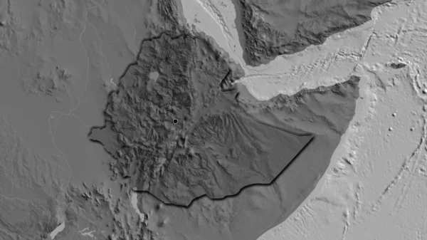 埃塞俄比亚边境地区的特写镜头突出显示了一张双层地图上的黑暗阴影 资本点 国家形状的斜边 — 图库照片