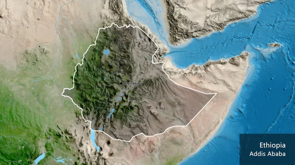 埃塞俄比亚边境地区的特写镜头 用卫星地图上的黑暗阴影突出显示 资本点 概略地描述一下国家的面貌 国家及其首都的英文名称 — 图库照片