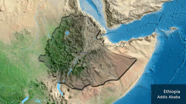 埃塞俄比亚边境地区的特写镜头 用卫星地图上的黑暗阴影突出显示 资本点 这个国家的边缘呈斜角状 国家及其首都的英文名称 — 图库照片
