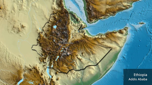 Close Ethiopia Border Area Relief Map Capital Point Bevelled Edges — Stock Photo, Image