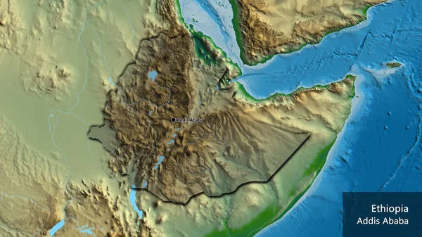 埃塞俄比亚边境地区的特写镜头突出显示了一张实景地图上的黑暗阴影 资本点 这个国家的边缘呈斜角状 国家及其首都的英文名称 — 图库照片