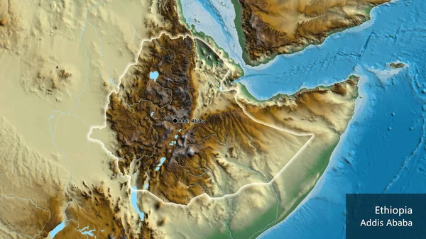 Close Van Het Ethiopische Grensgebied Een Noodlandkaart Hoofdpunt Gloeien Rond — Stockfoto
