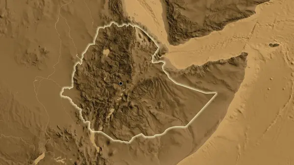 Close Área Fronteira Etiópia Mapa Elevação Sépia Ponto Capital Brilho — Fotografia de Stock