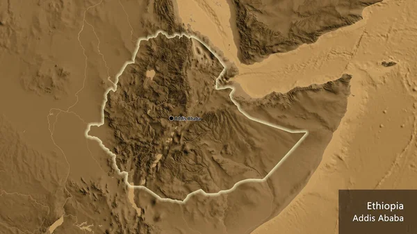 Close Van Het Ethiopische Grensgebied Een Plattegrond Van Sepia Hoofdpunt — Stockfoto