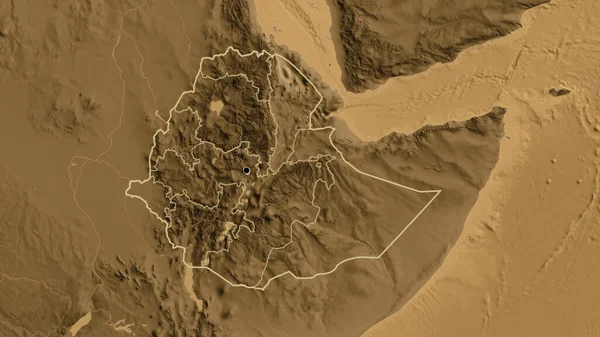在一张黑色高地地图上对埃塞俄比亚边境地区及其区域边界进行了密切监视 资本点 国家形貌概述 — 图库照片