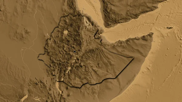 在一张黑色高地地图上对埃塞俄比亚边境地区进行的密切监视 资本点 国家形状的斜边 — 图库照片
