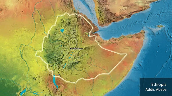 Primer Plano Zona Fronteriza Etiopía Mapa Topográfico Punto Capital Brillan — Foto de Stock