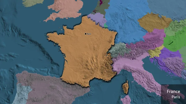 在行政地图上对法国边境地区进行的密切监视 资本点 这个国家的边缘呈斜角状 国家及其首都的英文名称 — 图库照片