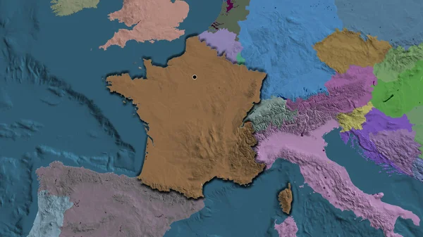Close-up of the France border area highlighting with a dark overlay on a administrative map. Capital point. Bevelled edges of the country shape.