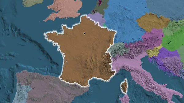 Close-up of the France border area highlighting with a dark overlay on a administrative map. Capital point. Glow around the country shape.