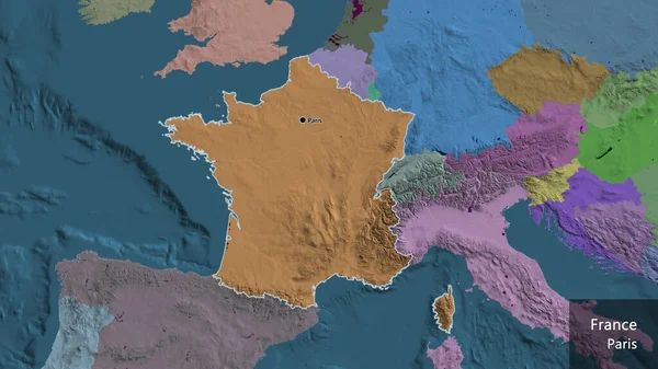 在行政地图上对法国边境地区进行的密切监视 资本点 概略地描述一下国家的面貌 国家及其首都的英文名称 — 图库照片
