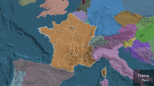 Close-up of the France border area and its regional borders on a administrative map. Capital point. Outline around the country shape. English name of the country and its capital