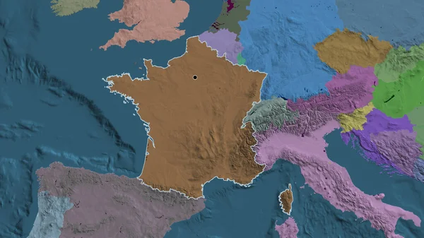 Close-up of the France border area highlighting with a dark overlay on a administrative map. Capital point. Outline around the country shape.