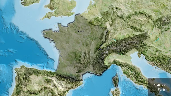 Close-up of the France border area highlighting with a dark overlay on a satellite map. Capital point. Bevelled edges of the country shape. English name of the country and its capital