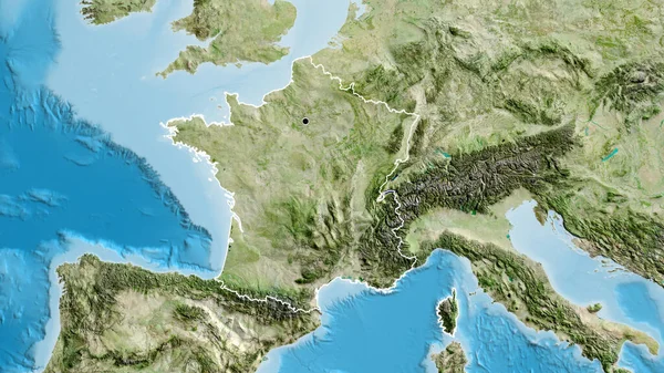 Close-up of the France border area on a satellite map. Capital point. Outline around the country shape.
