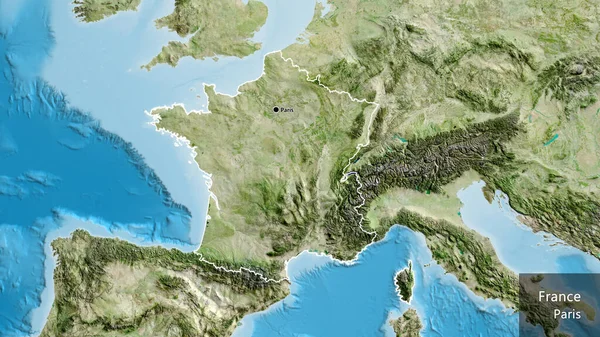 在卫星地图上对法国边境地区进行了近距离调查 资本点 概略地描述一下国家的面貌 国家及其首都的英文名称 — 图库照片