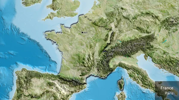 在卫星地图上对法国边境地区进行了近距离调查 资本点 这个国家的边缘呈斜角状 国家及其首都的英文名称 — 图库照片
