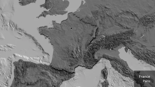 Close-up of the France border area on a bilevel map. Capital point. Bevelled edges of the country shape. English name of the country and its capital