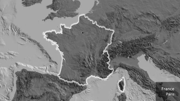 Close-up of the France border area on a bilevel map. Capital point. Glow around the country shape. English name of the country and its capital