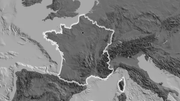 Nahaufnahme Des Französischen Grenzgebiets Auf Einer Zweistufigen Karte Kapitalpunkt Glühen — Stockfoto