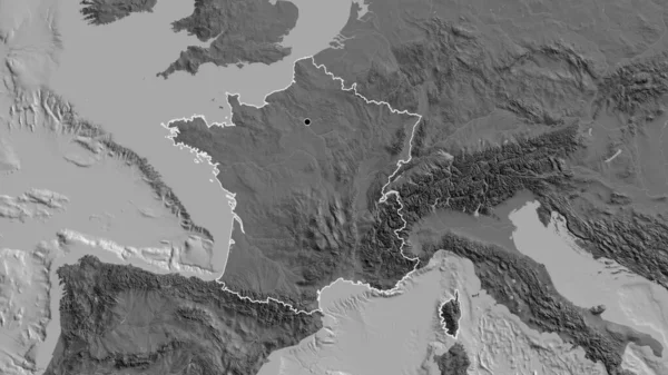 Close-up of the France border area on a bilevel map. Capital point. Outline around the country shape.