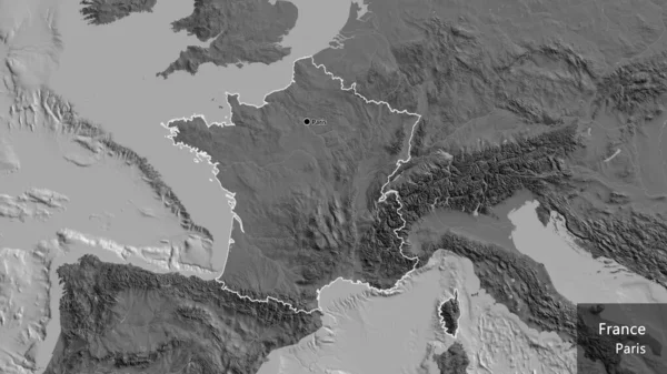 レベルマップ上のフランス国境地域のクローズアップ 資本ポイント 国の形の周りの概要 英名国とその首都 — ストック写真