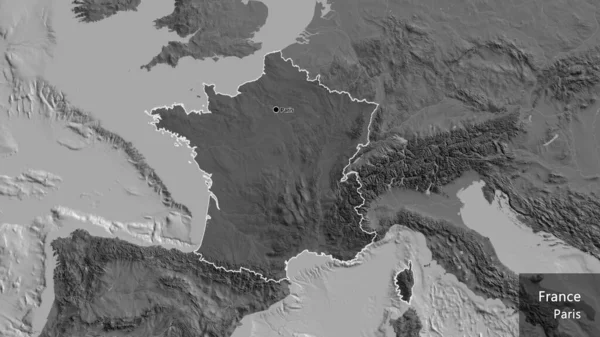 Close-up of the France border area highlighting with a dark overlay on a bilevel map. Capital point. Outline around the country shape. English name of the country and its capital