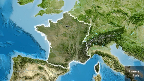 衛星地図上の暗いオーバーレイで強調フランス国境地域のクローズアップ 資本ポイント 国の形の周りに光る 英名国とその首都 — ストック写真