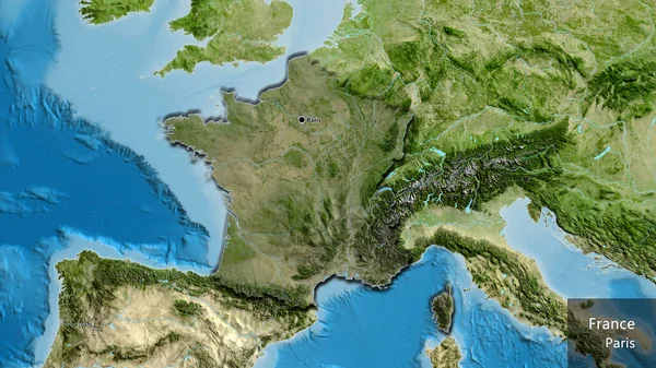 衛星地図上の暗いオーバーレイで強調フランス国境地域のクローズアップ 資本ポイント 国の形の縁が隠されています 英名国とその首都 — ストック写真