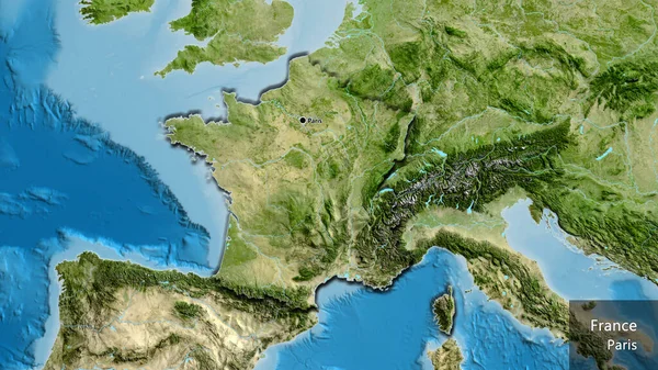 衛星地図上のフランス国境地帯の閉鎖 資本ポイント 国の形の縁が隠されています 英名国とその首都 — ストック写真