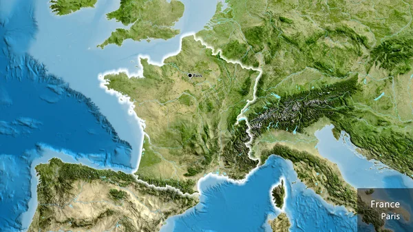 衛星地図上のフランス国境地帯の閉鎖 資本ポイント 国の形の周りに光る 英名国とその首都 — ストック写真