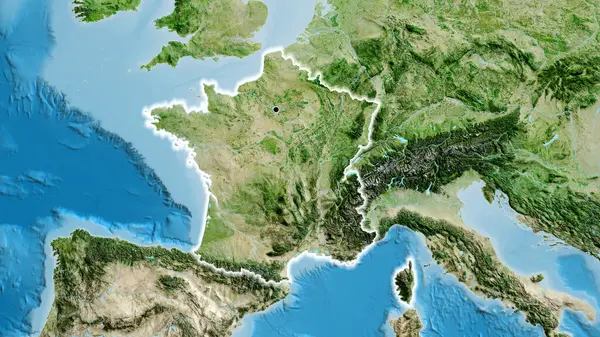 Close-up of the France border area on a satellite map. Capital point. Glow around the country shape.