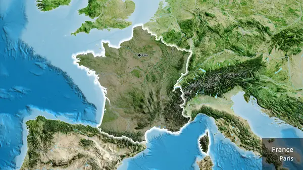 Close-up of the France border area highlighting with a dark overlay on a satellite map. Capital point. Glow around the country shape. English name of the country and its capital