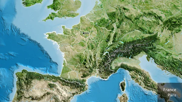 フランス国境地域の閉鎖と衛星地図上のその地域の境界線 資本ポイント 国の形の周りの概要 英名国とその首都 — ストック写真
