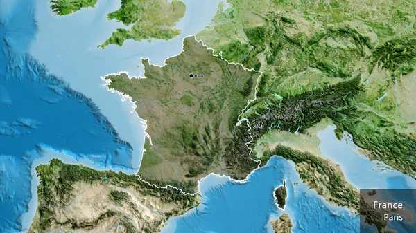 法国边境地区的特写镜头 用卫星地图上的黑暗覆盖突出显示 资本点 概略地描述一下国家的面貌 国家及其首都的英文名称 — 图库照片