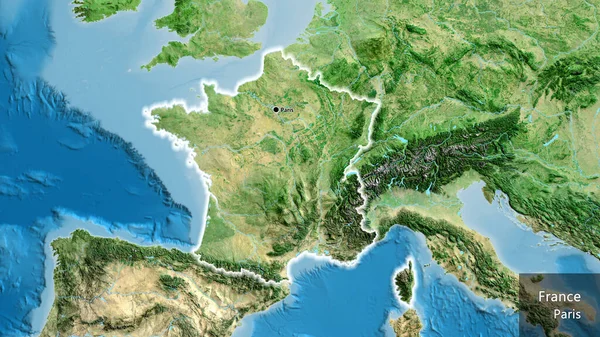 衛星地図上のフランス国境地帯の閉鎖 資本ポイント 国の形の周りに光る 英名国とその首都 — ストック写真