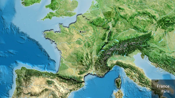 在卫星地图上对法国边境地区进行了近距离调查 资本点 这个国家的边缘呈斜角状 国家及其首都的英文名称 — 图库照片