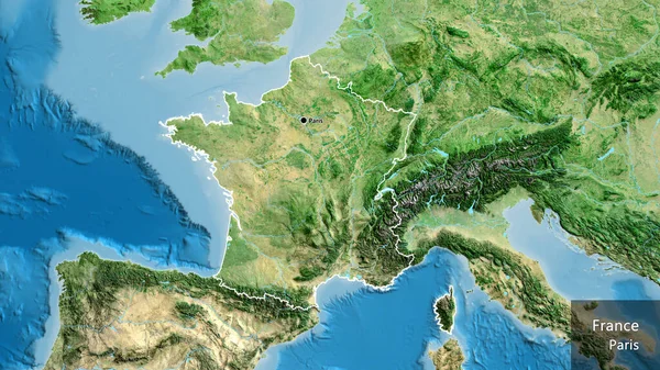 在卫星地图上对法国边境地区进行了近距离调查 资本点 概略地描述一下国家的面貌 国家及其首都的英文名称 — 图库照片