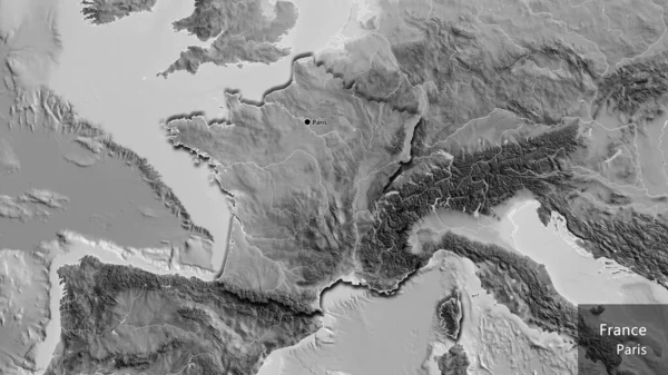 グレースケールマップ上のフランス国境地域のクローズアップ 資本ポイント 国の形の縁が隠されています 英名国とその首都 — ストック写真