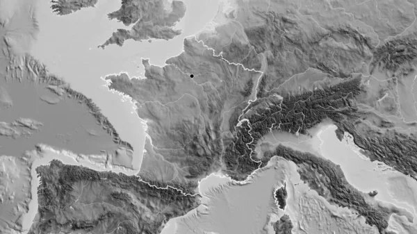 Close-up of the France border area on a grayscale map. Capital point. Outline around the country shape.