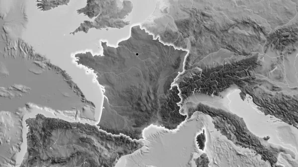 Close France Border Area Highlighting Dark Overlay Grayscale Map Capital — Stock Photo, Image