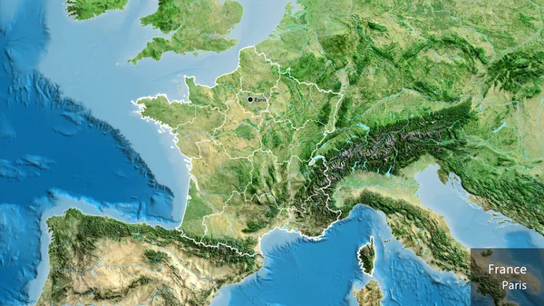 フランス国境地域の閉鎖と衛星地図上のその地域の境界線 資本ポイント 国の形の周りの概要 英名国とその首都 — ストック写真