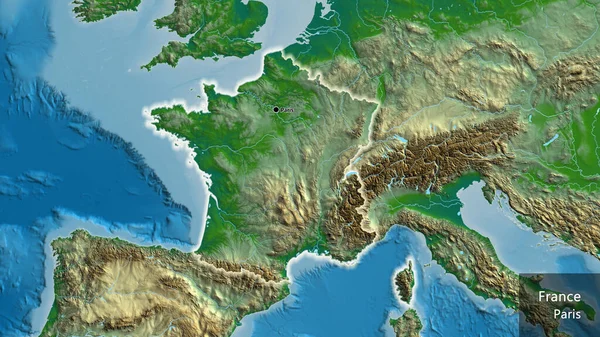 物理的な地図上のフランス国境地域の閉鎖 資本ポイント 国の形の周りに光る 英名国とその首都 — ストック写真