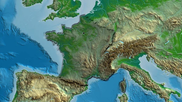 Close-up of the France border area highlighting with a dark overlay on a physical map. Capital point. Bevelled edges of the country shape.