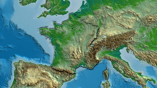 在一张实景地图上对法国边境地区进行的密切监视 资本点 国家形状的斜边 — 图库照片