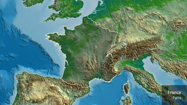 物理的な地図上の暗いオーバーレイで強調フランス国境地域のクローズアップ 資本ポイント 国の形の周りの概要 英名国とその首都 — ストック写真