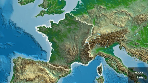 Close-up of the France border area highlighting with a dark overlay on a physical map. Capital point. Glow around the country shape. English name of the country and its capital