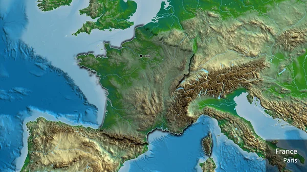 Close-up of the France border area highlighting with a dark overlay on a physical map. Capital point. Bevelled edges of the country shape. English name of the country and its capital