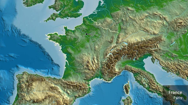 Close-up of the France border area on a physical map. Capital point. Outline around the country shape. English name of the country and its capital
