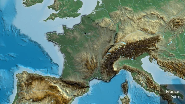 Close-up of the France border area highlighting with a dark overlay on a relief map. Capital point. Bevelled edges of the country shape. English name of the country and its capital